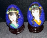 2 Cloisonne Enamel Eggs on Stands