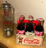 Glass Coca Cola Straw Holder and 6 Pack of Vtg Glass Coca Cola Bottles