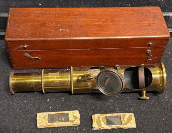 Antique Brass Drum Portable Microscope with 2 slides and wood case