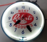 Neon Lighted Clock Roberts Meats