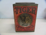 Tiger $.05 ; Cardboard & tin store bin