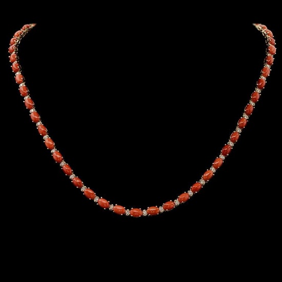14K Gold 18.30ct Coral 1.10ct Diamond Necklace