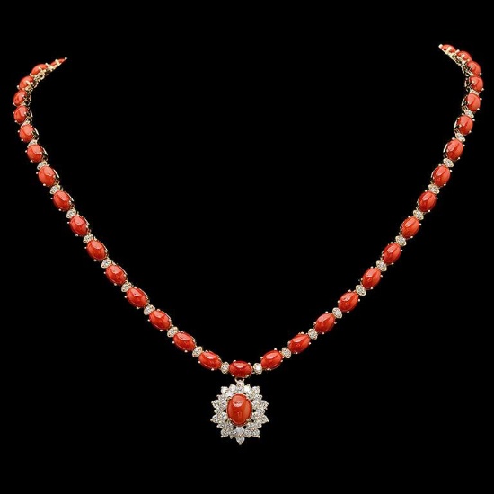 14K Gold 30.93ct Coral & 2.85ct Diamond Necklace