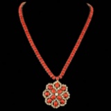 14k Gold 58.50ct Coral 5.50ct Diamond Necklace