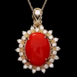 14k Gold 4.70ct Coral 0.80ct Diamond Pendant