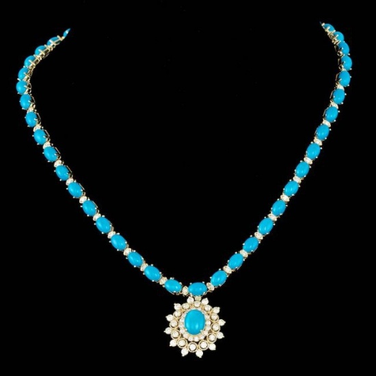 14k Gold 53.5ct Turquoise 5.20ct Diamond Necklace