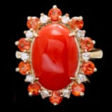 14k Yellow Gold 6.50ct Coral 0.40ct Diamond Ring