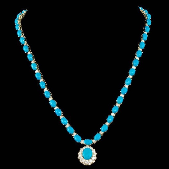 14k Gold 35.5ct Turquoise 3.50ct Diamond Necklace