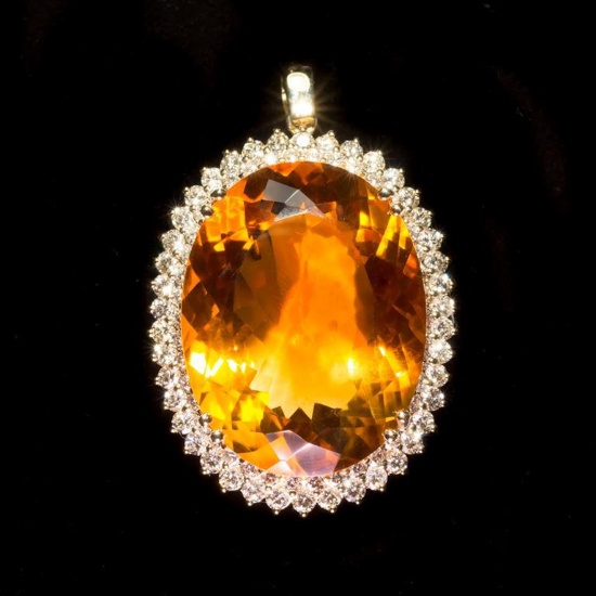 14K Gold 48.56ct Citrine 3.12ct Diamond Pendant