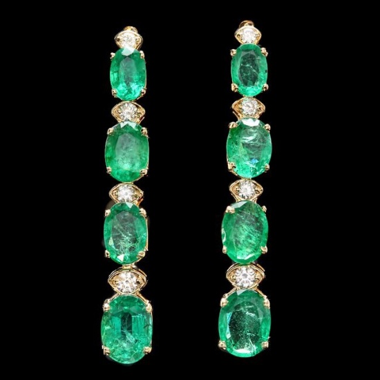 14k Gold 6.5ct Emerald .35ct Diamond Earrings