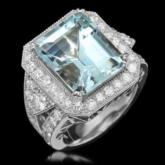 14K Gold 9.55ct Aquamarine & 2.10ct Diamond Ring