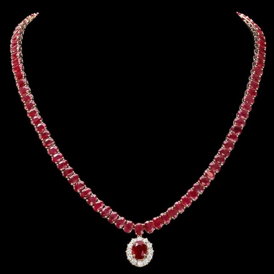 14k Yellow Gold 58.5ct Ruby 1ct Diamond Necklace