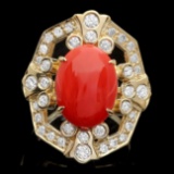 14k Yellow Gold 5.00ct Coral 1.10ct Diamond Ring