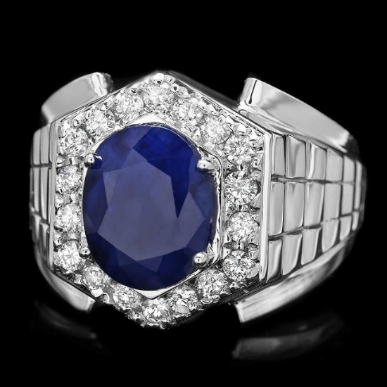 14k Gold 4ct Sapphire 0.70ct Diamond Mens Ring