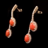 14K Gold 4.59ct Coral 2.80ct Diamond Earrings