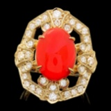 14k Yellow Gold 4.60ct Coral 1.30ct Diamond Ring