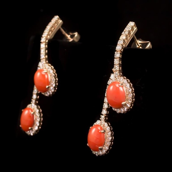 14K Gold 4.59ct Coral 2.80ct Diamond Earrings