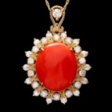 14k Gold 5.70ct Coral 0.80ct Diamond Pendant