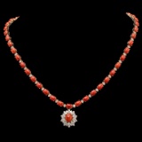 14K Gold 30.93ct Coral & 2.85ct Diamond Necklace