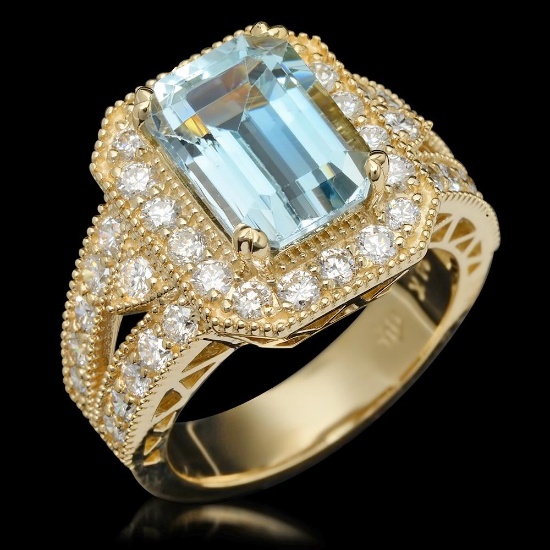 14K Gold 3.85ct Aquamarine & 1.46ct Diamond Ring