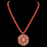 14k Gold 66ct Coral 4.40ct Diamond Necklace