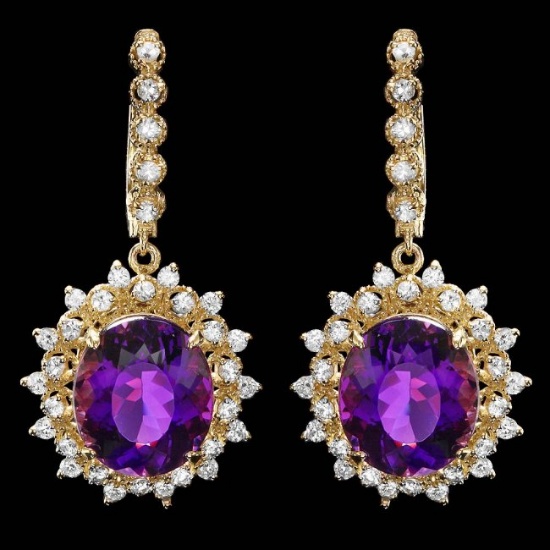 14k Gold 15.00ct Amethyst 2.00ct Diamond Earrings