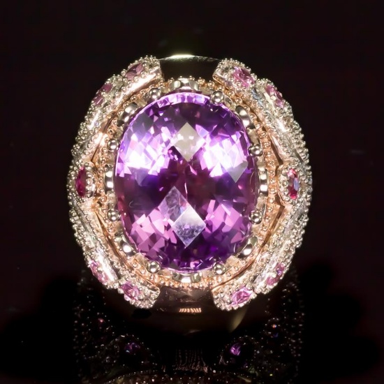 14K Gold 16.5ct Amethyst, 1.10ct Fancy Color Sapphire 1.25ct Diamond Ring