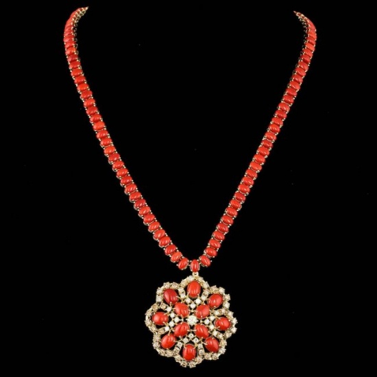 14k Gold 58.50ct Coral 5.50ct Diamond Necklace
