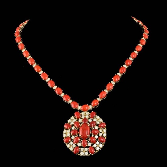14k Gold 60ct Coral 6.35ct Diamond Necklace