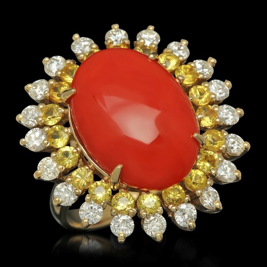 14K Gold 7.73ct Coral 1.82ct Sapphire 1.54ct Diamond Ring