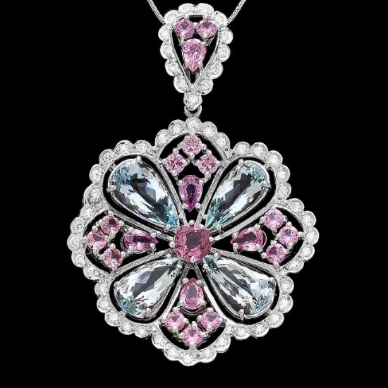 14k Aquamarine Sapphire Spinnel Diamond Pendant