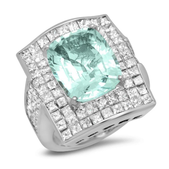 14K Gold 7.79ct Aquamarine 7.02cts Diamond Ring