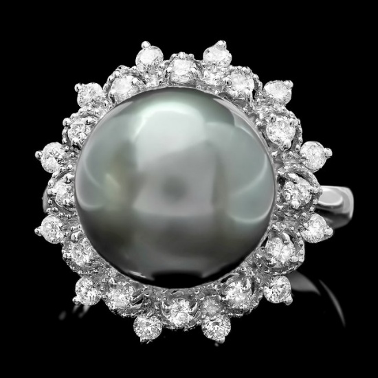 14k White Gold 12.5mm Pearl 0.60ct Diamond Ring