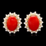 14k Gold 8.00ct Coral 1.50ct Diamond Earrings