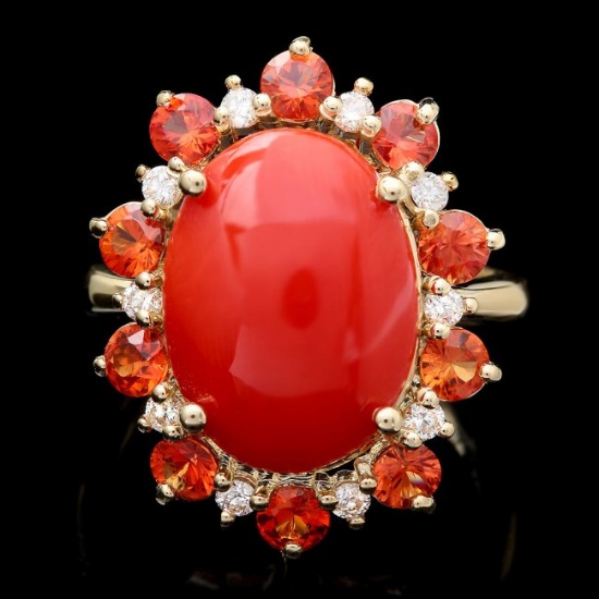 14k Yellow Gold 5.00ct Coral 0.35ct Diamond Ring