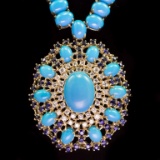 95.85ct Turquoise, 3.35ct Sapphire 1.78ct Diamond Necklace