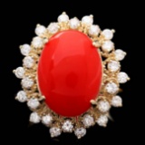 14k Yellow Gold 5.50ct Coral 0.90ct Diamond Ring