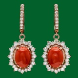 14k Gold 6.11ct Coral 2.55ct Diamond Earrings
