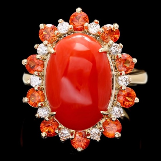 14k Yellow Gold 6.50ct Coral 0.40ct Diamond Ring