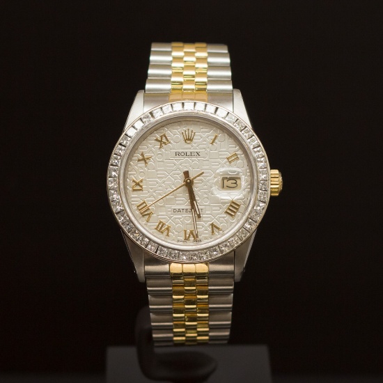 Rolex Two-Tone Datejust 36mm Custom Silver Jubeele Dial with Gold Roman Numerals, Bezel 2.25ct Men's