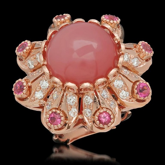 14K Gold 15.51ct Rose Quartz, 1.25ct Pink Sapphire 1.42ct Diamond Ring