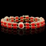 14k Gold 25ct Coral 1.40ct Diamond Bracelet