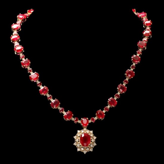 14k Yellow Gold 80ct Ruby 3.00ct Diamond Necklace