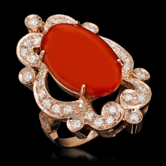 14K Gold 9.46ct Coral & 1.25ct Diamond Ring