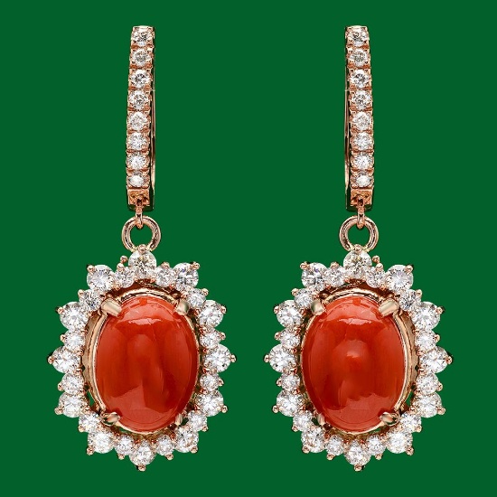 14k Gold 6.11ct Coral 2.55ct Diamond Earrings