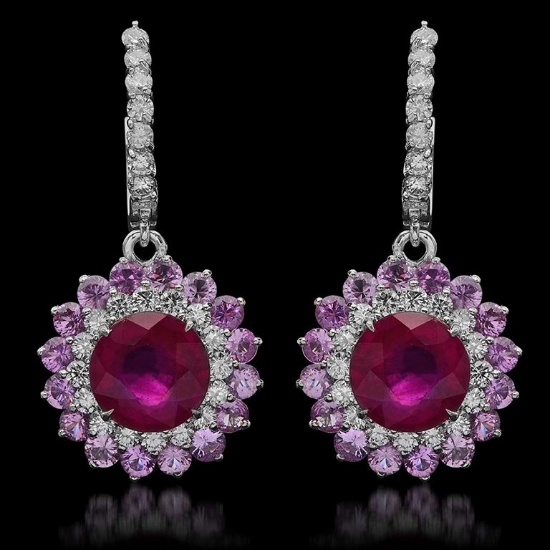 14K Gold 6.04ct Ruby, 4.80ct Pink Sapphire, 1.48ct Diamond Earrings