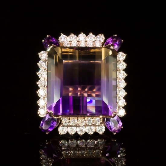 14K Gold 26.70 Ametrine, 2.28ct Amethyst 2.17ct Diamond Ring