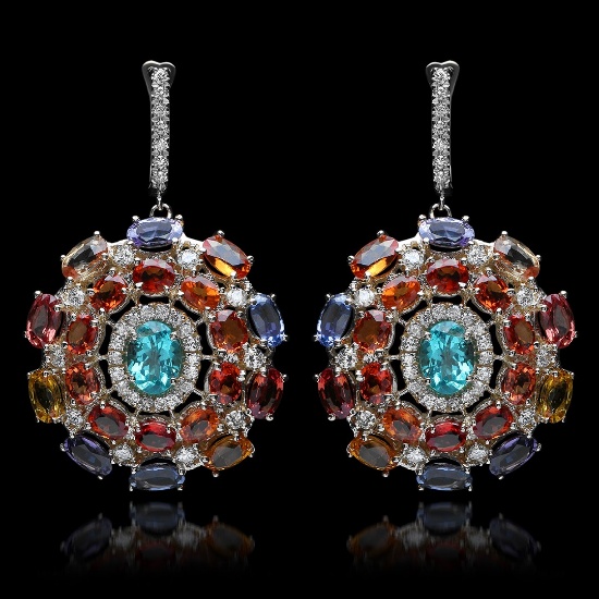 14K White Gold with 3.15cts. Apatite, 26.82cts. Sapphire & 4.87cts.Diamond Earrings