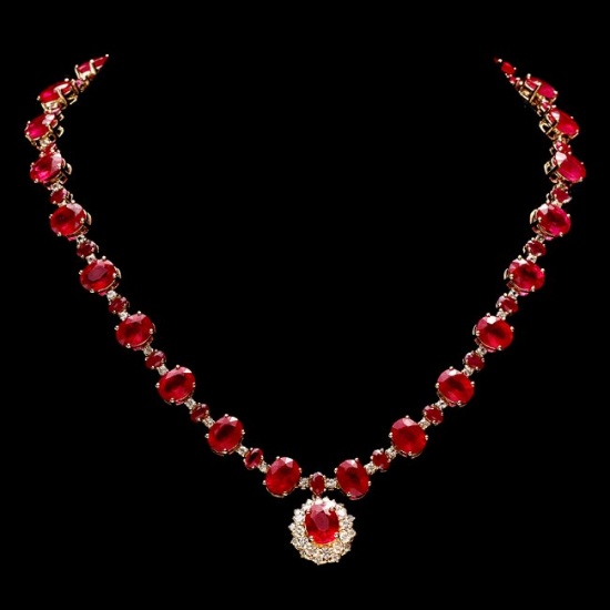 14k Gold 72.00ct Ruby 1.30ct Diamond Necklace