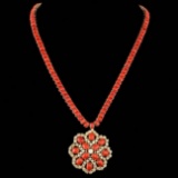 14k Gold 58.50ct Coral 5.50ct Diamond Necklace